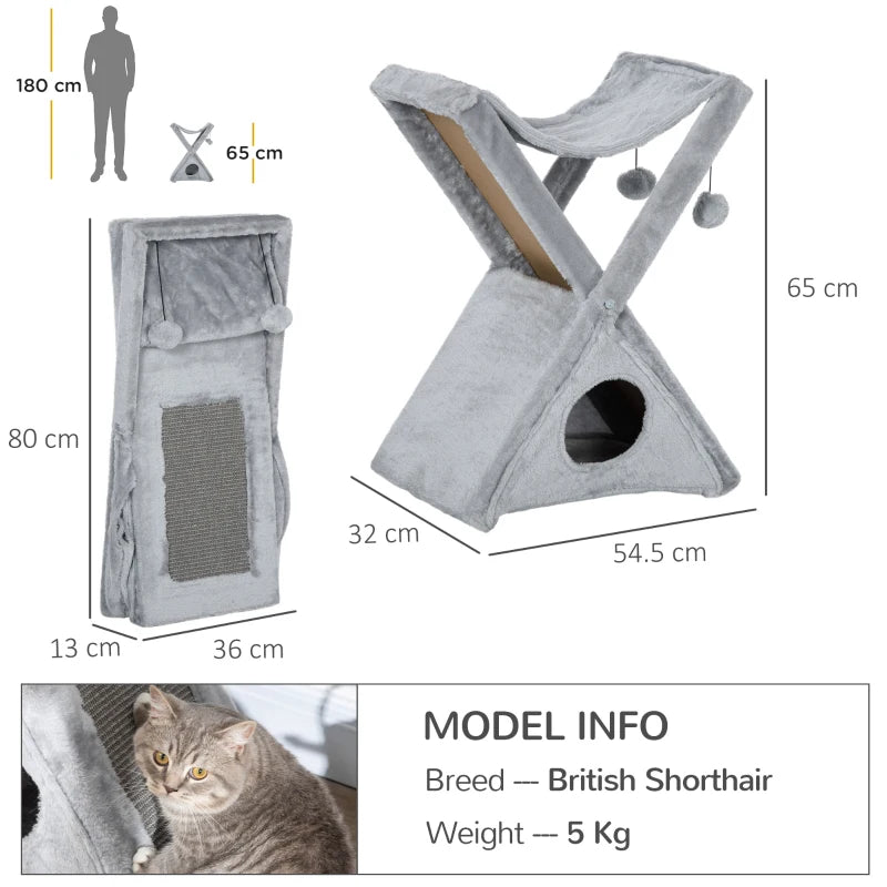 Grey Cat Tree Tower with Scratching Post and Hammock