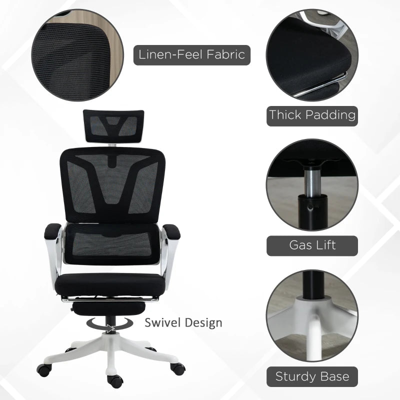 Black Ergonomic High Back Office Chair with Reclining Mesh, Headrest, Lumbar Support & Foot Rest
