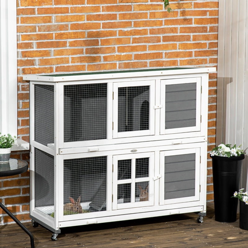 Wooden Two-Tier Rabbit Hutch, Guinea Pig Cage with Wheels - Brown