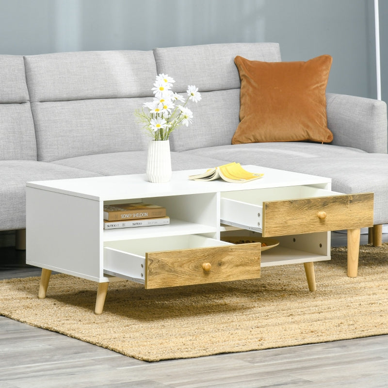 Rectangular White and Brown Coffee Table with Drawers and Shelves