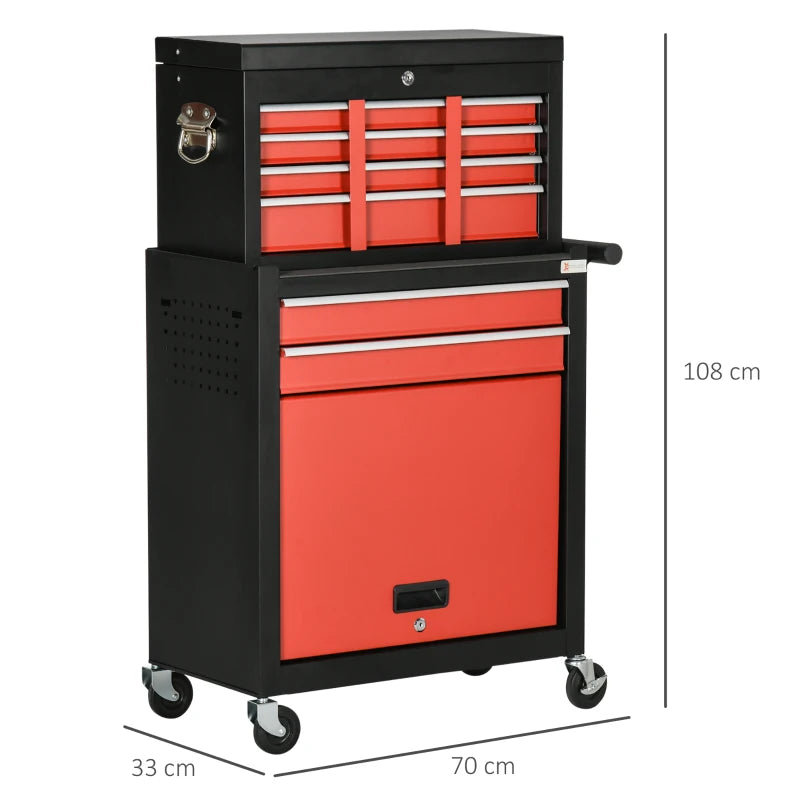 6-Drawer Black and Red Tool Cart with Wheels and Lockable Cabinet