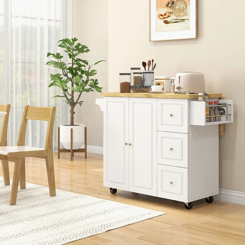 White Drop-Leaf Kitchen Island Cart with Drawers & Cabinet