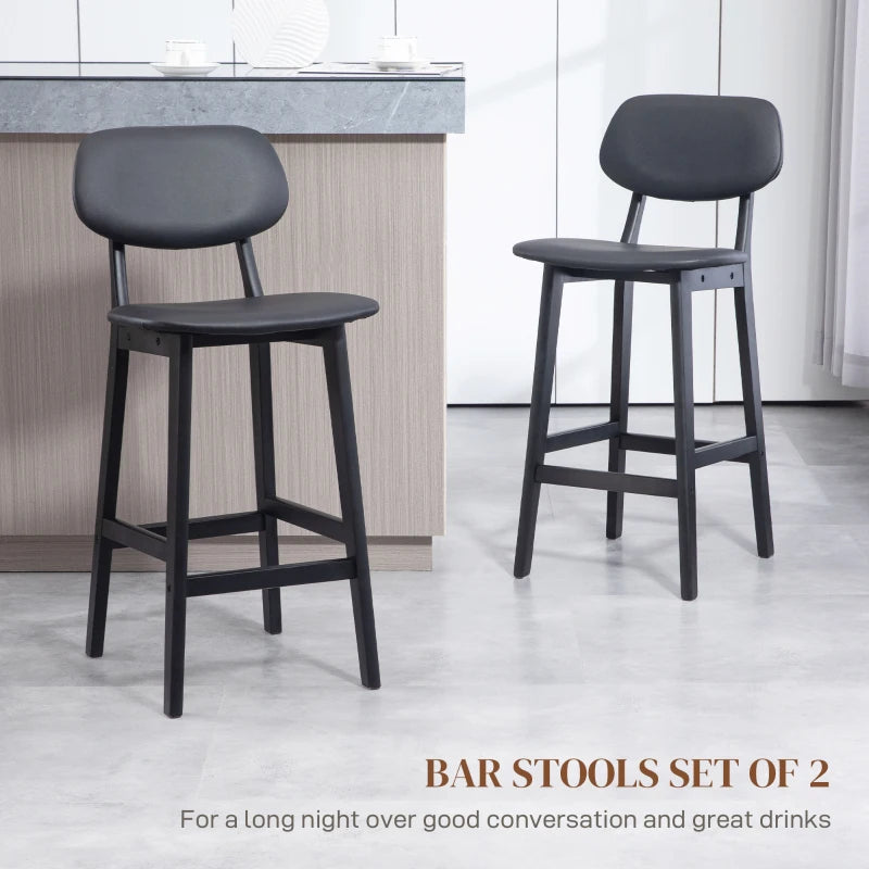Black Wooden Bar Stools with Faux Leather Seats - Set of 2
