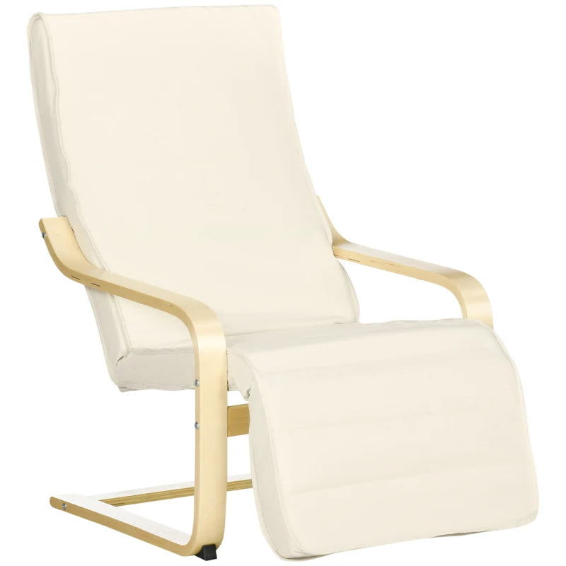 Wooden Deck Lounging Chair with Adjustable Footrest & Cushion, Cream White