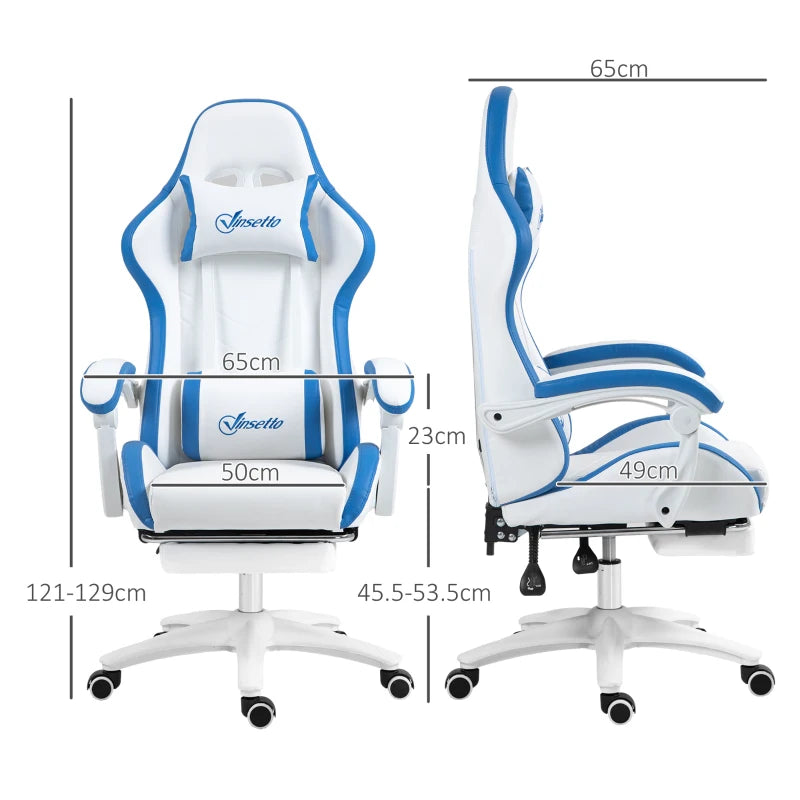 White and Blue Racing Gaming Chair with Footrest and Swivel Seat