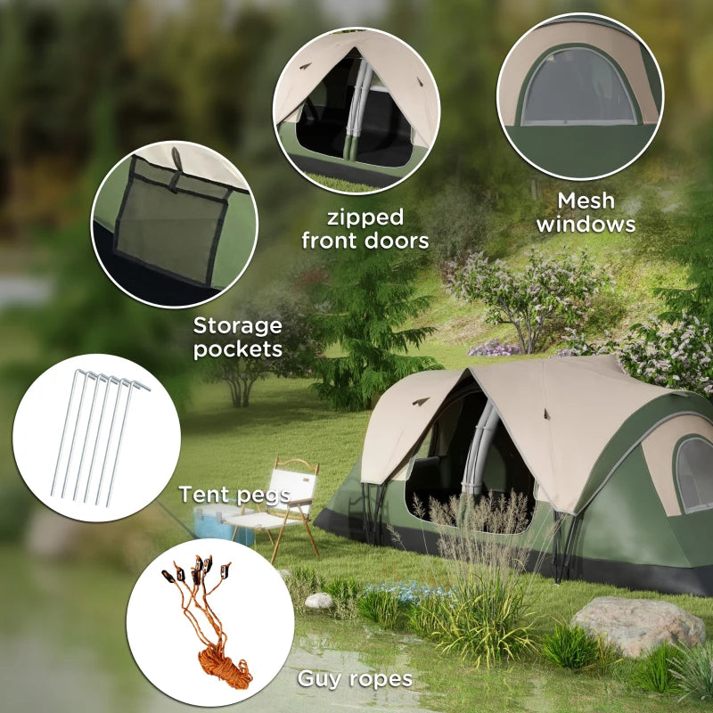 6-8 Person Dark Green Camping Tent with Waterproof Rainfly and Carry Bag