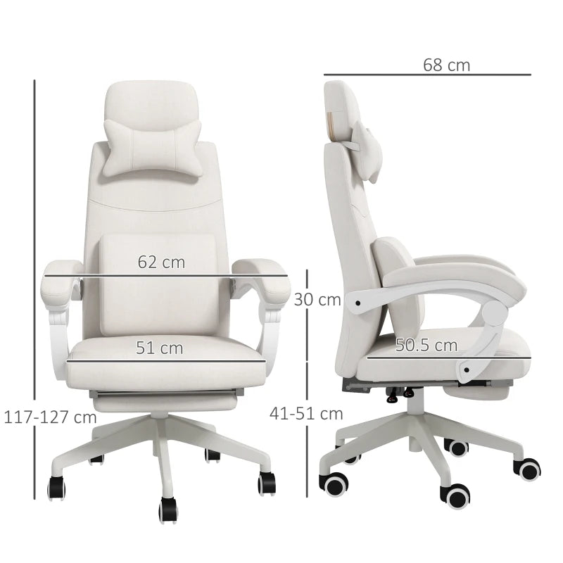 White Linen-Look Office Chair with Reclining Back and Footrest