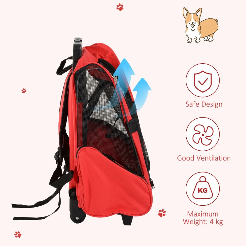 Red Pet Travel Backpack with Trolley and Telescopic Handle