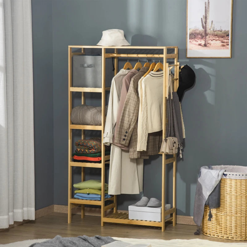 Natural Bamboo Garment Rack with Storage Shelf and Hanging Rail