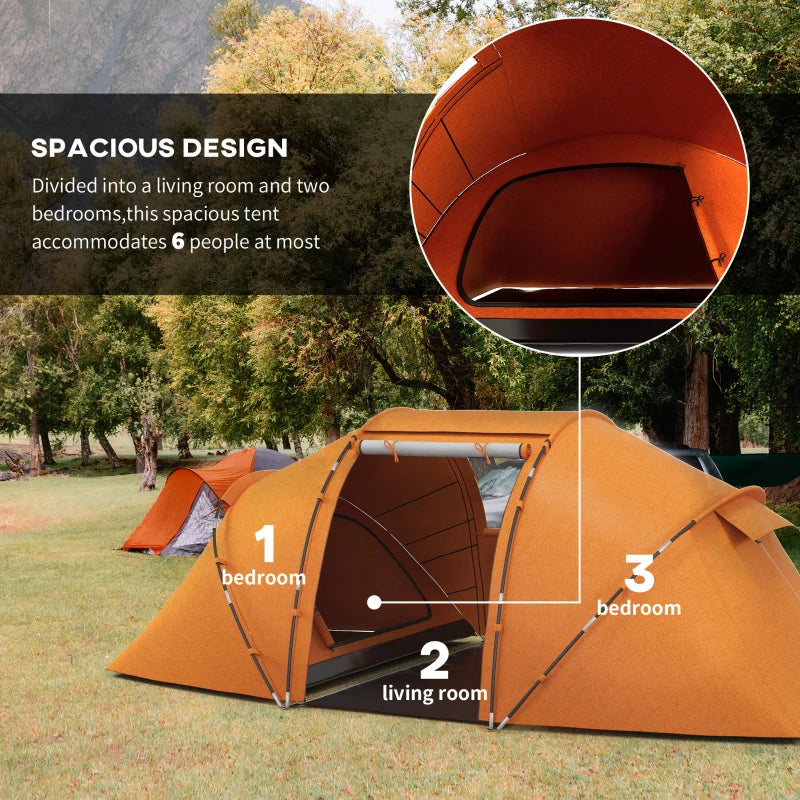 6-Person Orange Camping Tunnel Tent with Two Bedrooms and UV Protection