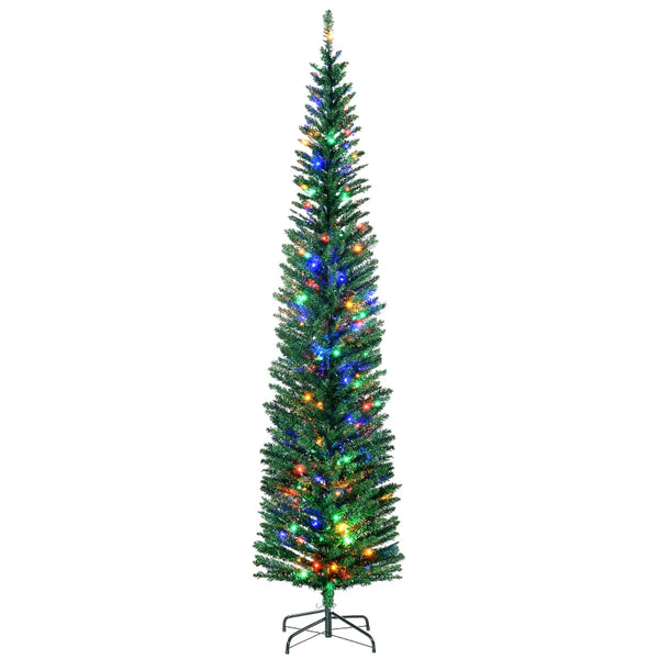 7.5' Pre-lit Christmas Tree with Colourful LED Lights, Pencil Shape, Steel Base