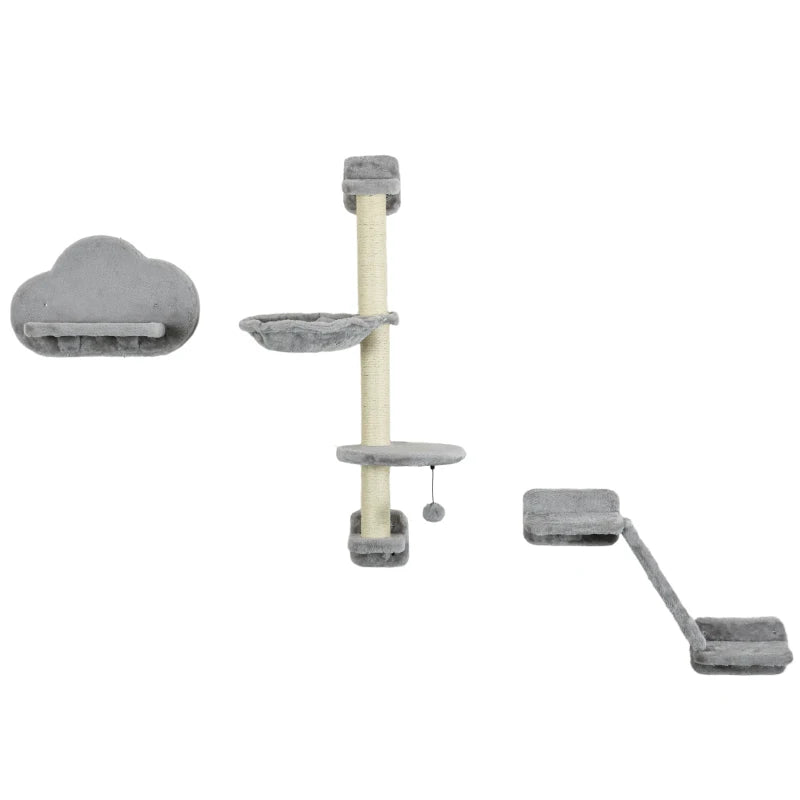 Grey Cat Wall Shelf Set with Hammock, Ladder, Platforms, Scratching Post