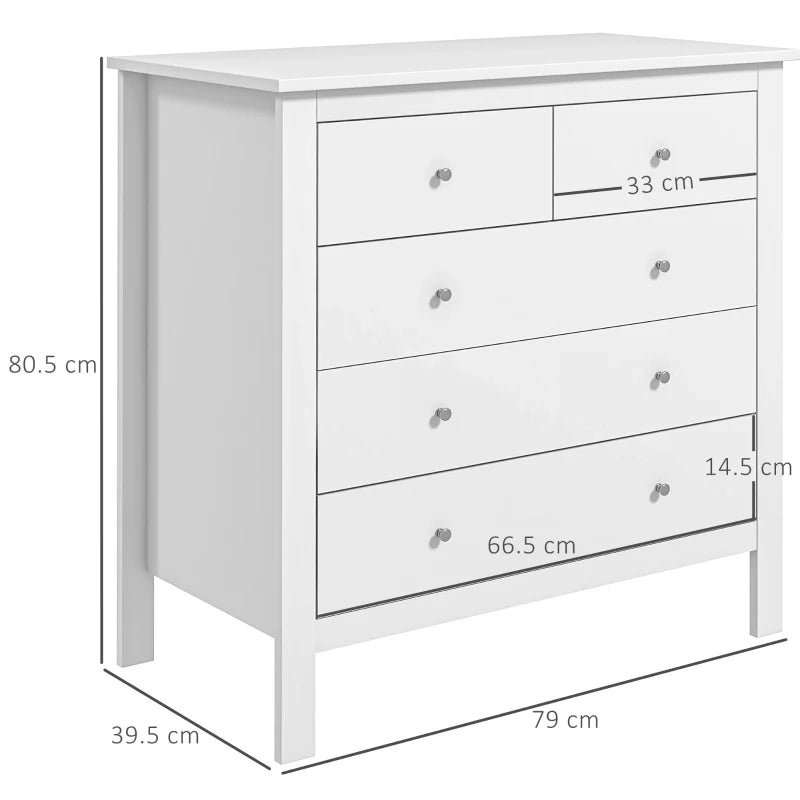 White 5-Drawer Storage Cabinet with Metal Handles - Bedroom, Living Room, Nursery Organizer