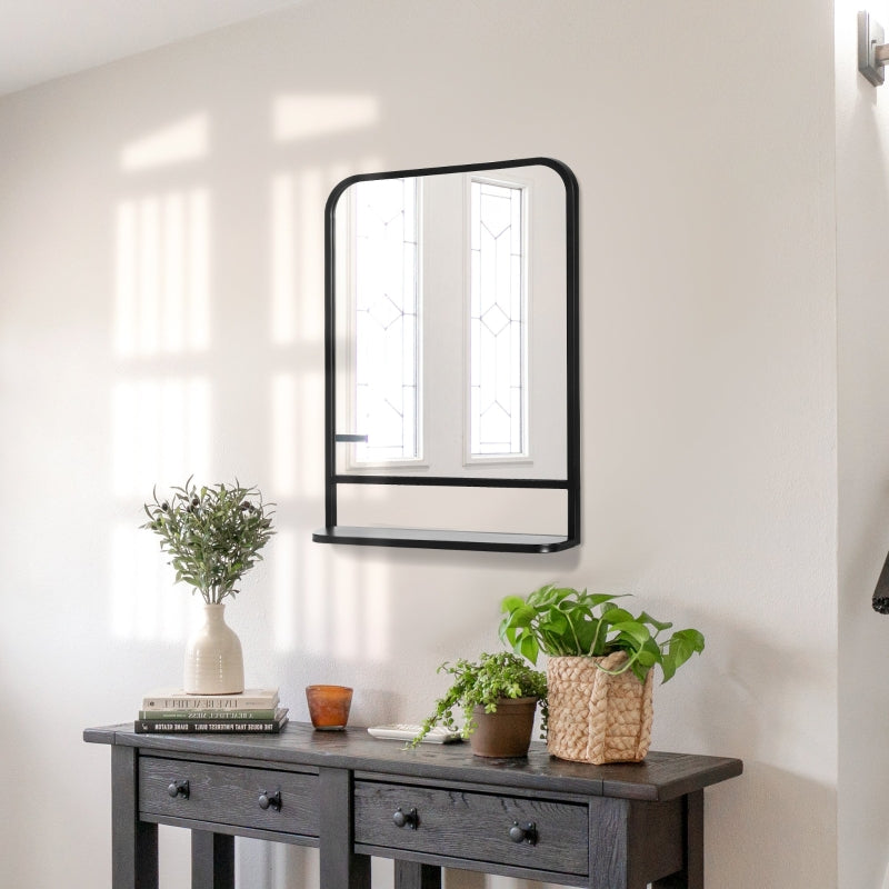 Black Square Wall Mirror with Storage Shelf, 70 x 50 cm - Modern Mirrors for Living Room, Bedroom