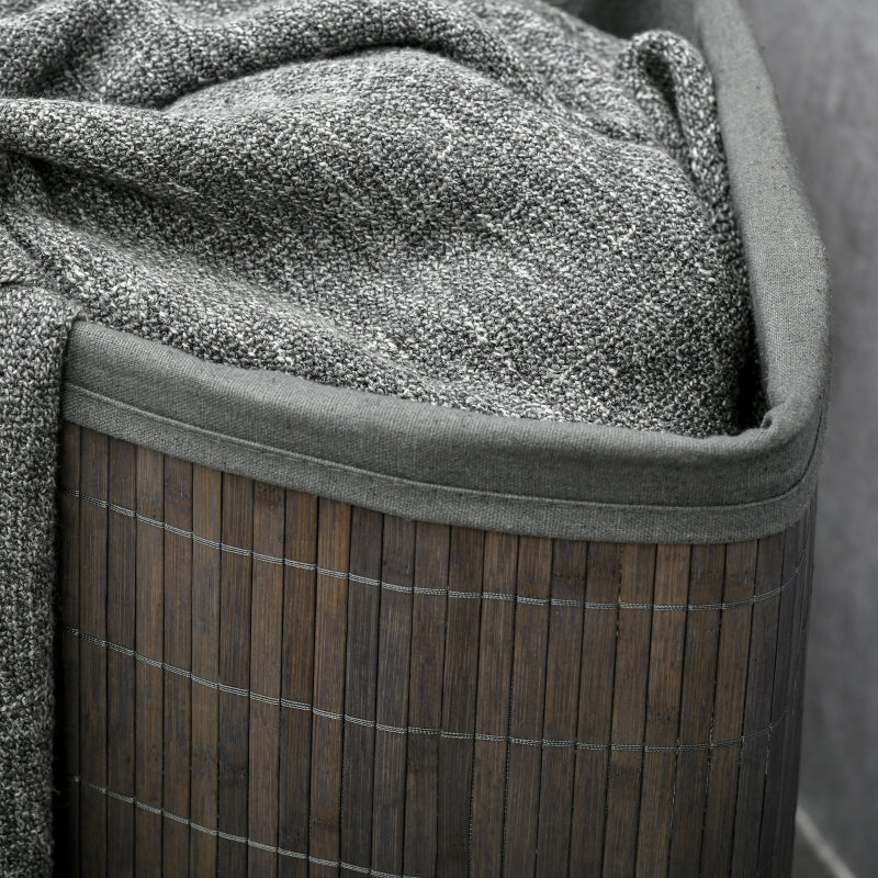 Grey Bamboo Laundry Basket with Lid, 55L Hamper & Washable Lining