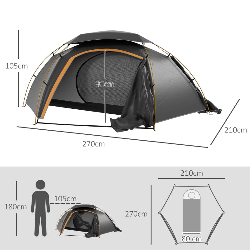 Grey Aluminium Frame Camping Dome Tent, 2000mm Waterproof, 1-2 Person