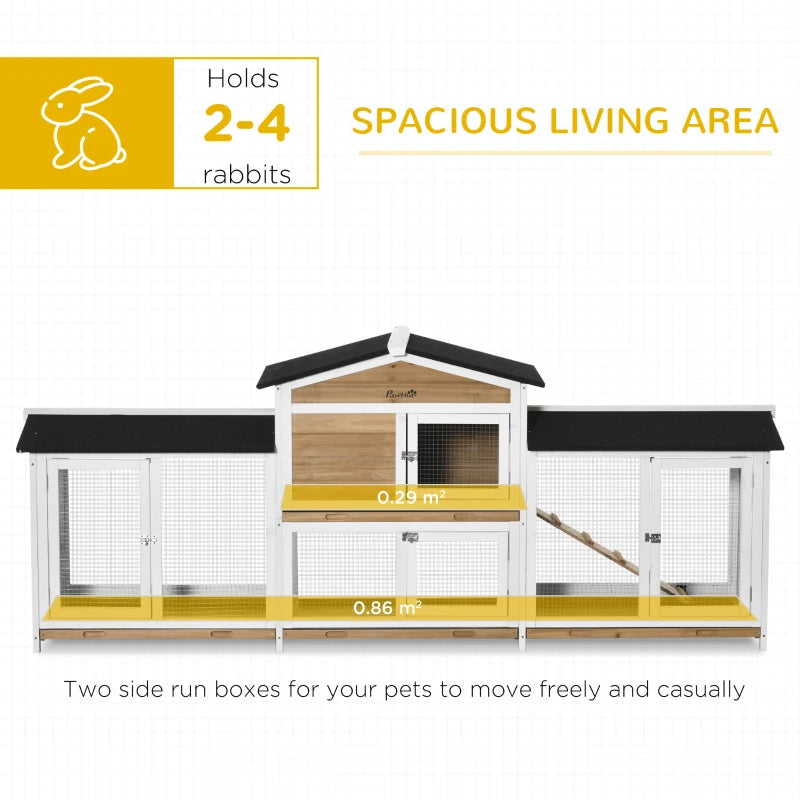 Wooden 2-Tier Rabbit Hutch with Double Side Run Boxes, Plastic Tray, Ramp - 230 x 53 x 93.5cm