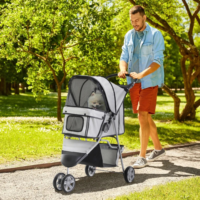 Grey Pet Travel Stroller for Small Dogs - 3-Wheel Puppy Carrier