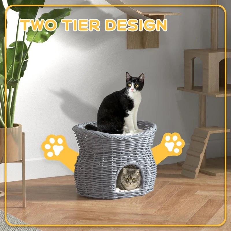 Grey Wicker 2-Tier Cat House Bed with Washable Cushions