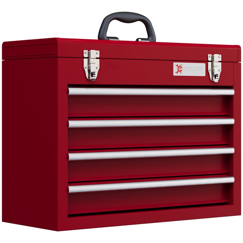 Red 4-Drawer Lockable Metal Tool Box with Handle and Ball Bearing Runners