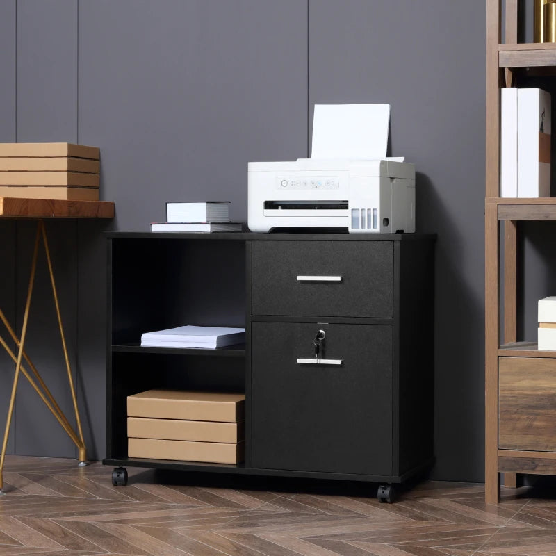Black Mobile Filing Cabinet with Lockable Drawer and Open Shelves