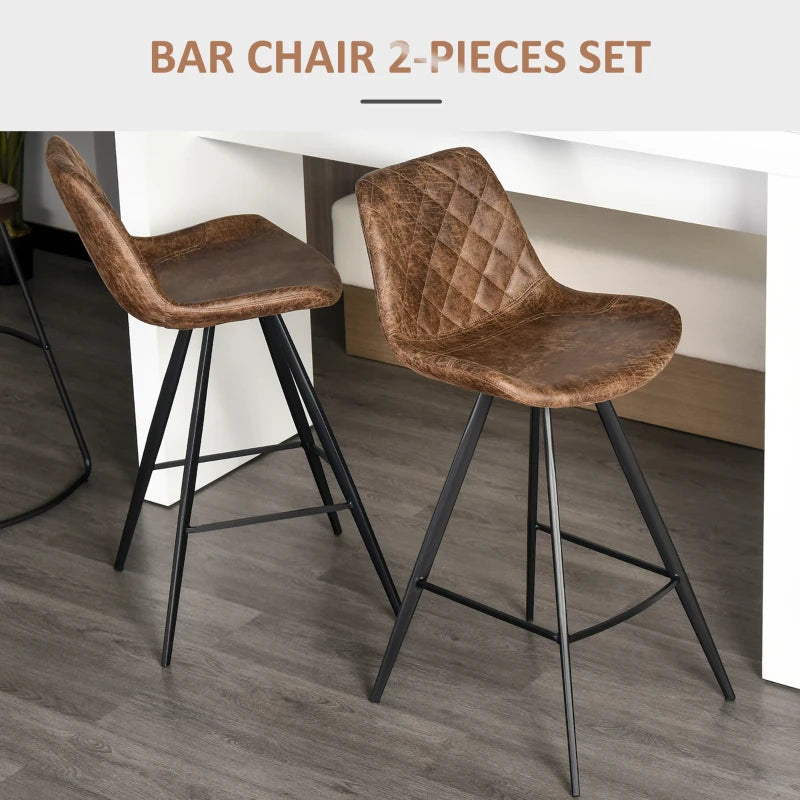 Brown Microfiber Bar Stools Set of 2 - Padded Steel Frame Footrest - Quilted Design