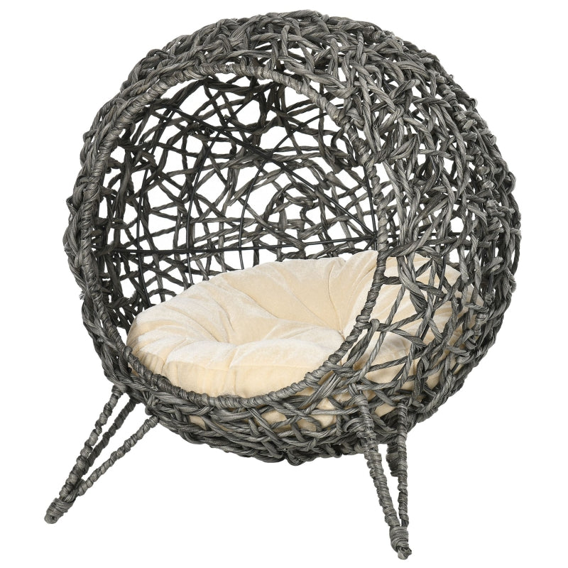 Silver and Grey Rattan Cat Bed with Removable Cushion