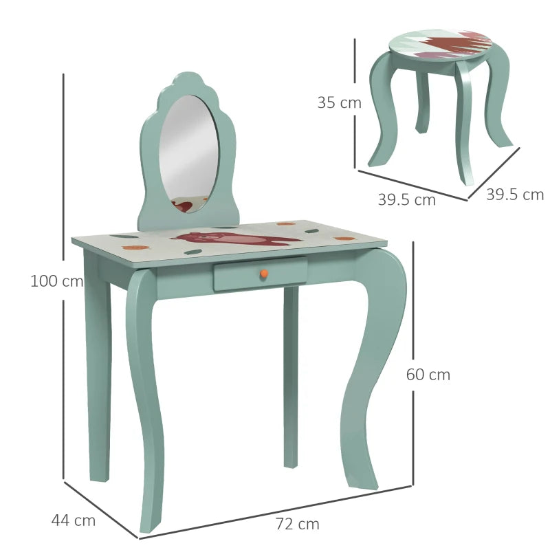 Green Kids Dressing Table Set with Mirror, Stool, Drawer - Cute Animal Design