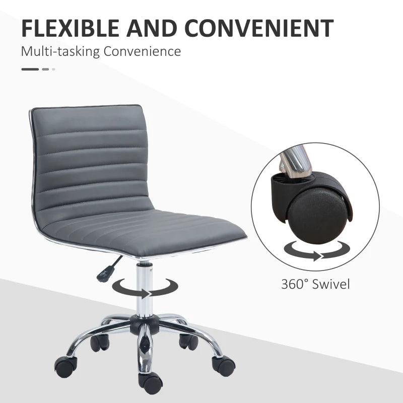 Dark Grey Armless Swivel Office Chair - PU Leather, Chrome Base