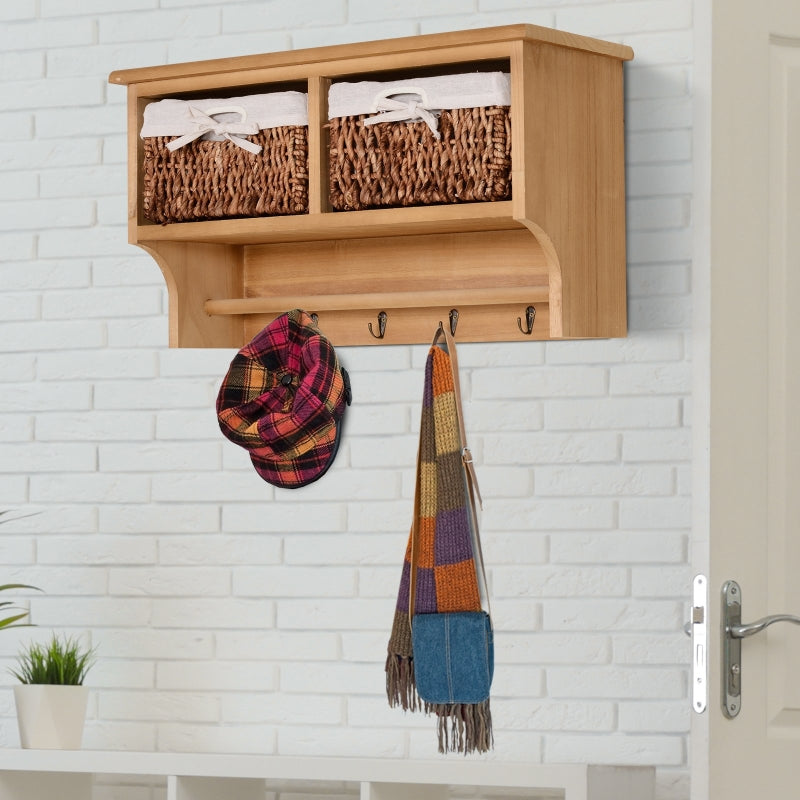 Brown Wall Mounted Coat Rack Shelf with Baskets and Hooks