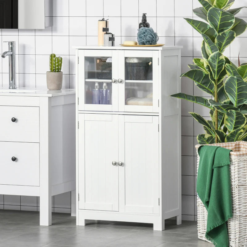 White Bathroom Storage Cabinet with Glass Doors & Adjustable Shelf