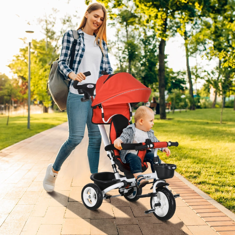 Red 6-in-1 Baby Push Tricycle with Parent Handle - Ages 1-5