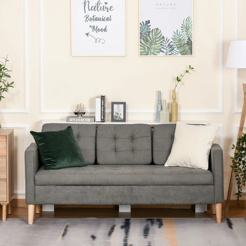 Grey Tufted 3 Seater Sofa with Hidden Storage and Wood Legs