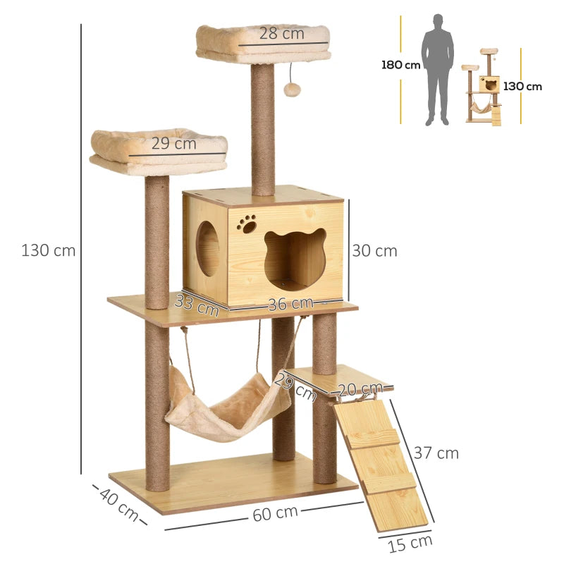 130cm Grey Cat Tree with Scratching Posts, Perches, House & Hammock