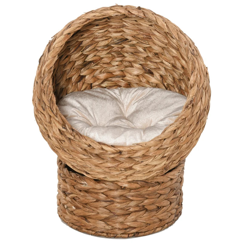 Brown Wicker Cat Bed with Raised Rattan Basket & Washable Cushion - 50 x 42 x 60 cm