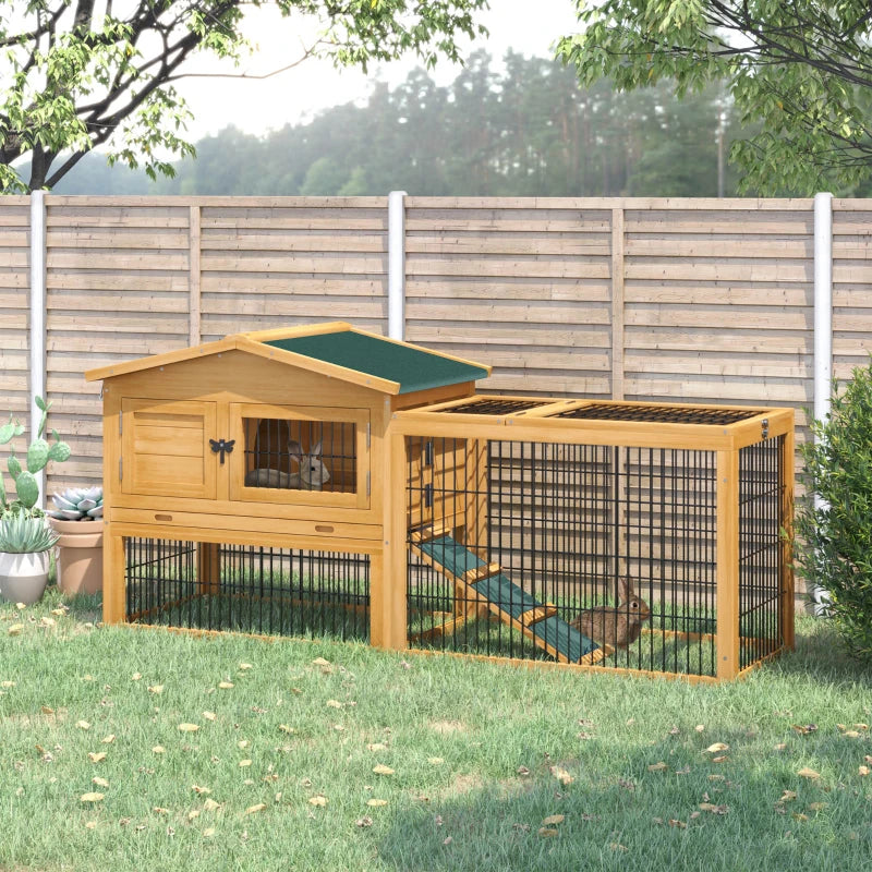 Yellow Outdoor Rabbit Hutch with Run, 2-Level Design, Water-Resistant Roof - 150 x 52.5 x 68 cm