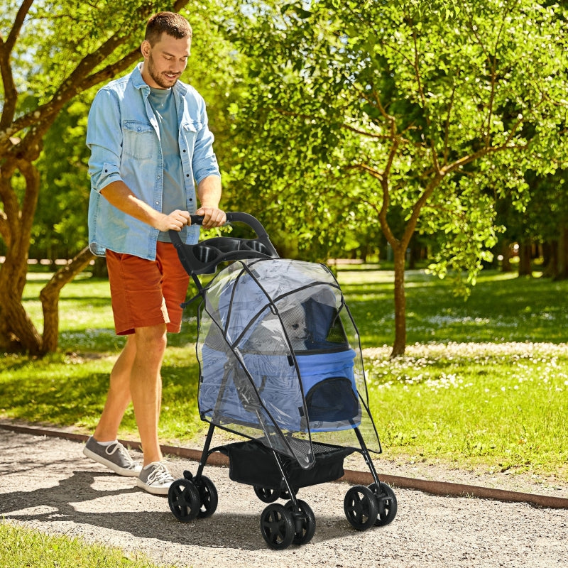 Blue Dog Stroller with Rain Cover and Safety Features