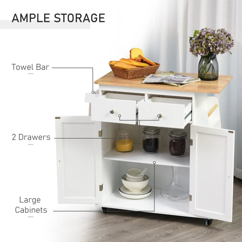 Rolling Kitchen Island Storage Cabinet with Rubber Wood Top - White