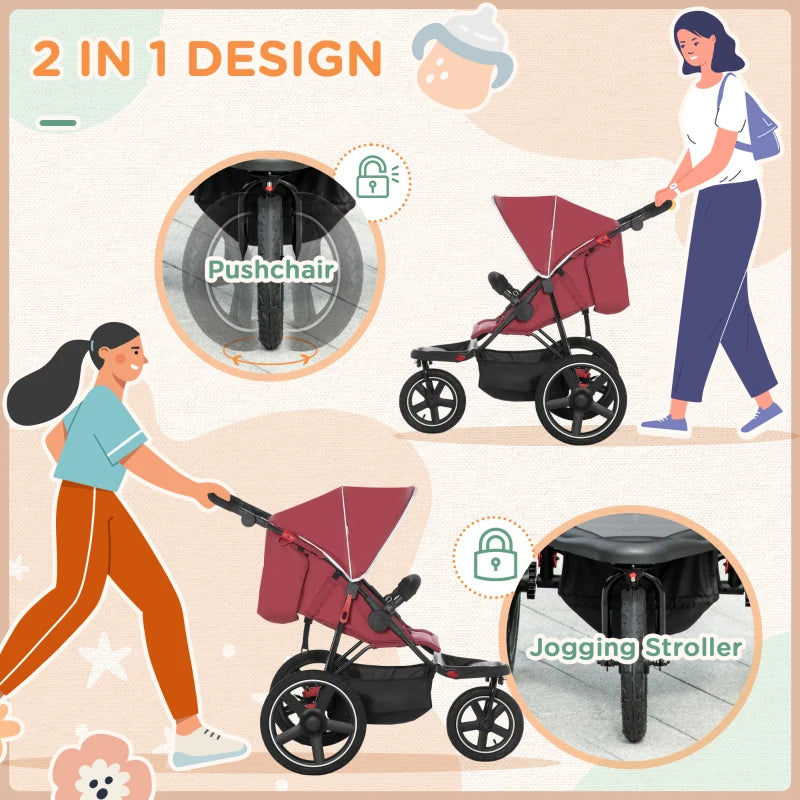 Red Foldable 3-Wheel Baby Stroller with Canopy and Storage Basket