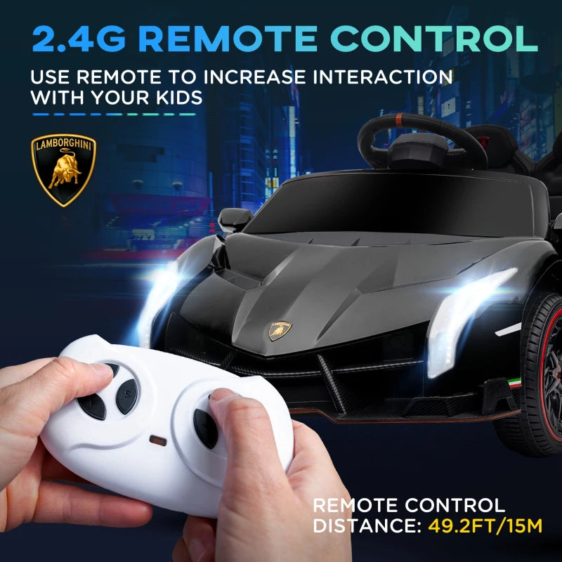 Black Licensed Electric Ride-On Car with Remote Control, Music, and Horn