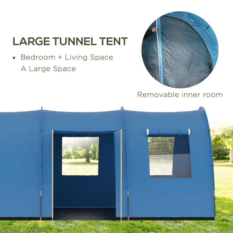 6-Person Blue Tunnel Camping Tent with Two Rooms and Carry Bag