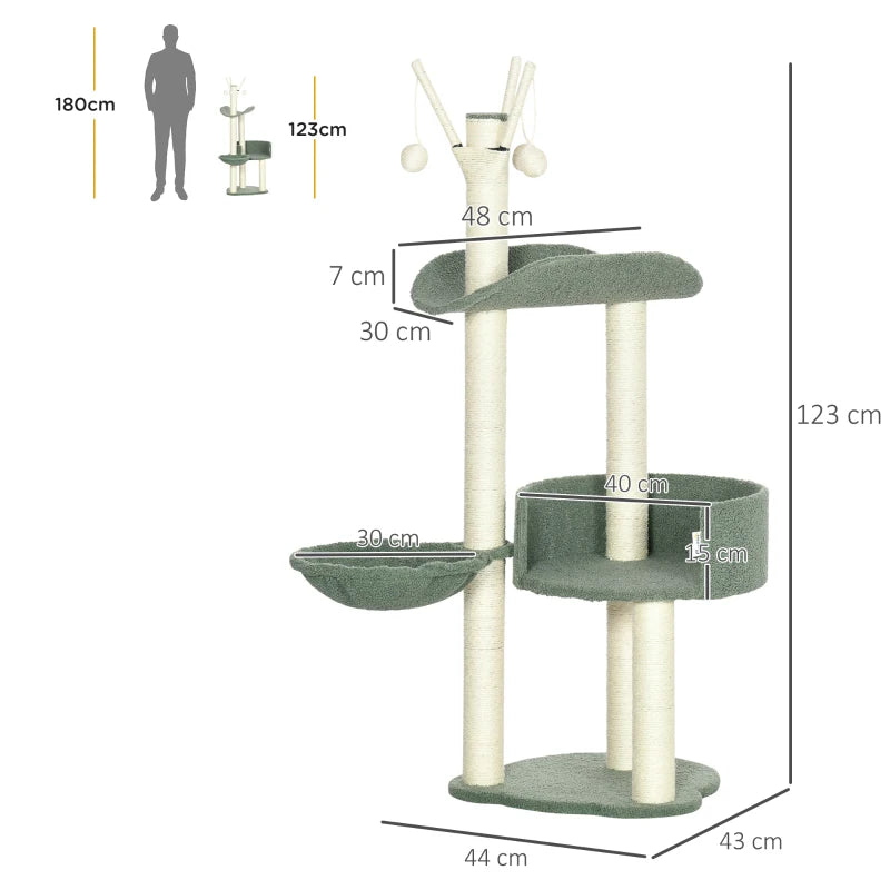 Green Cat Tree Tower with Scratching Post, Hammock & Toy