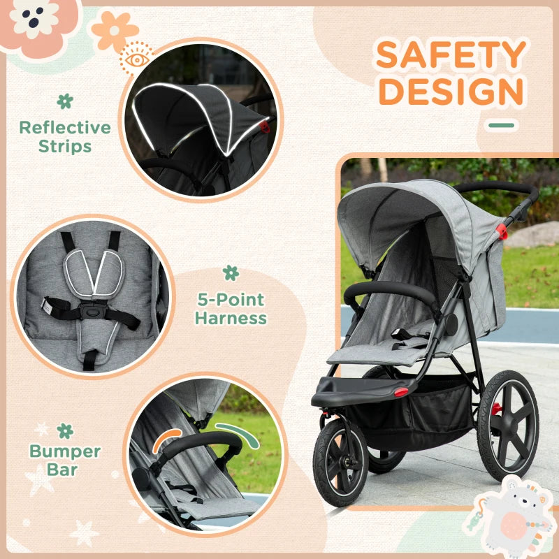 Grey Foldable 3-Wheel Baby Stroller with Canopy and Storage Basket