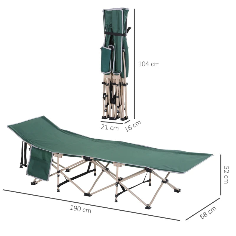 Green Portable Folding Camping Cot with Side Pocket and Carry Bag