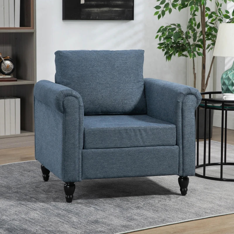 Dark Blue Upholstered Accent Chair with Rolled Arms and Back Pillow