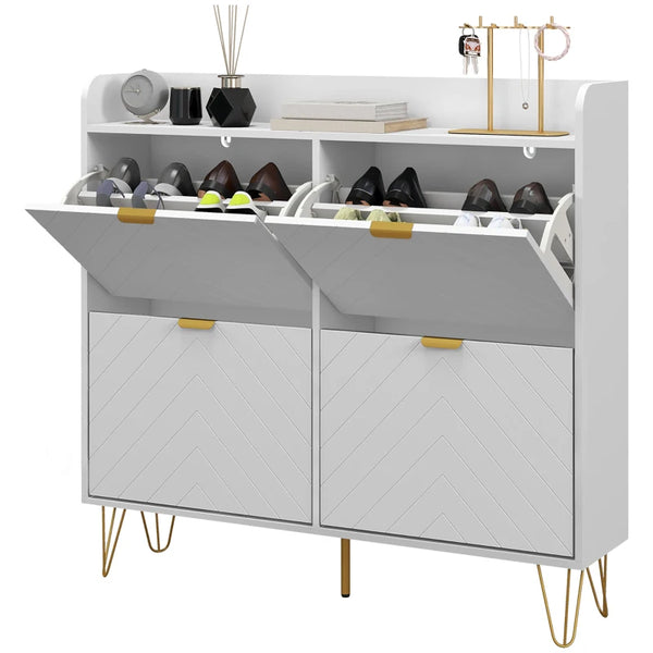 Slim White Shoe Storage Cabinet with 4 Flip Drawers - Adjustable Shelf, Shoe Rack for 16 Pairs