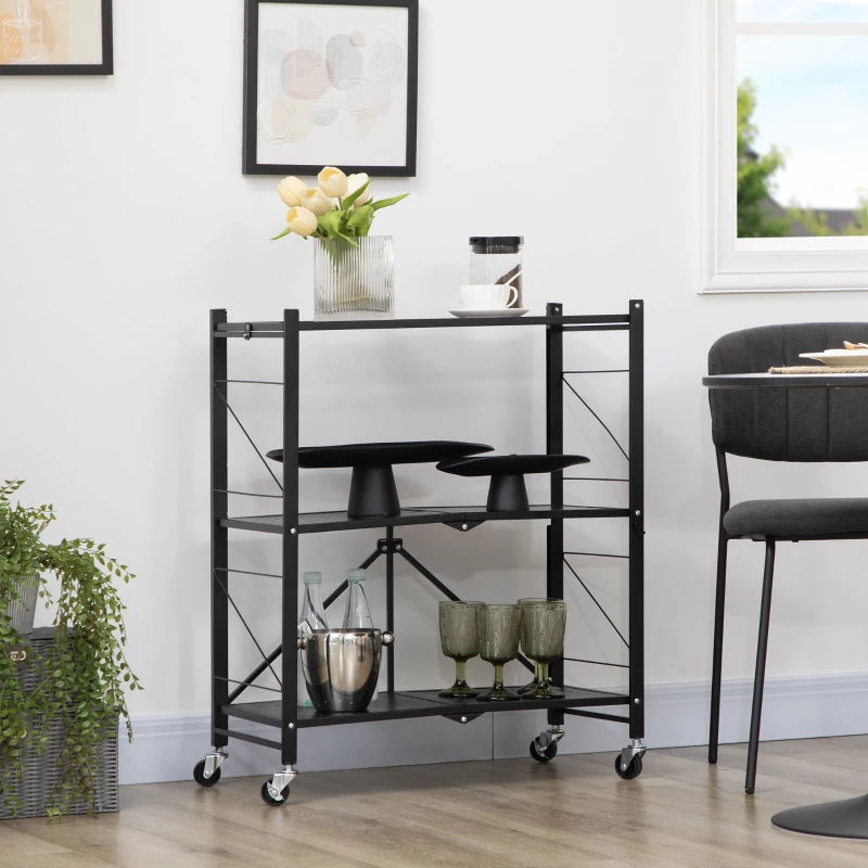 Black 3-Tier Foldable Storage Trolley Cart - Kitchen, Living Room, Bathroom - 68 x 34.5 x 85.5 cm