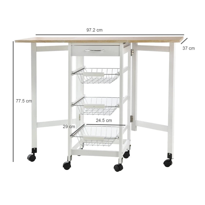 White Oak Drop-Leaf Kitchen Cart Trolley with Baskets and Drawer