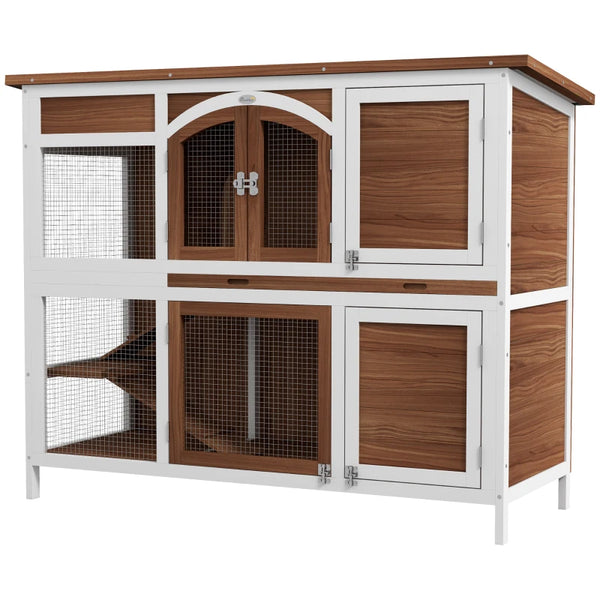 Wooden Two-Tier Pet Hutch - Openable Roof, Slide-Out Tray (Natural)