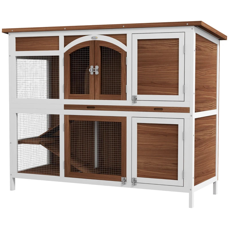 Wooden Two-Tier Pet Hutch - Openable Roof, Slide-Out Tray (Natural)